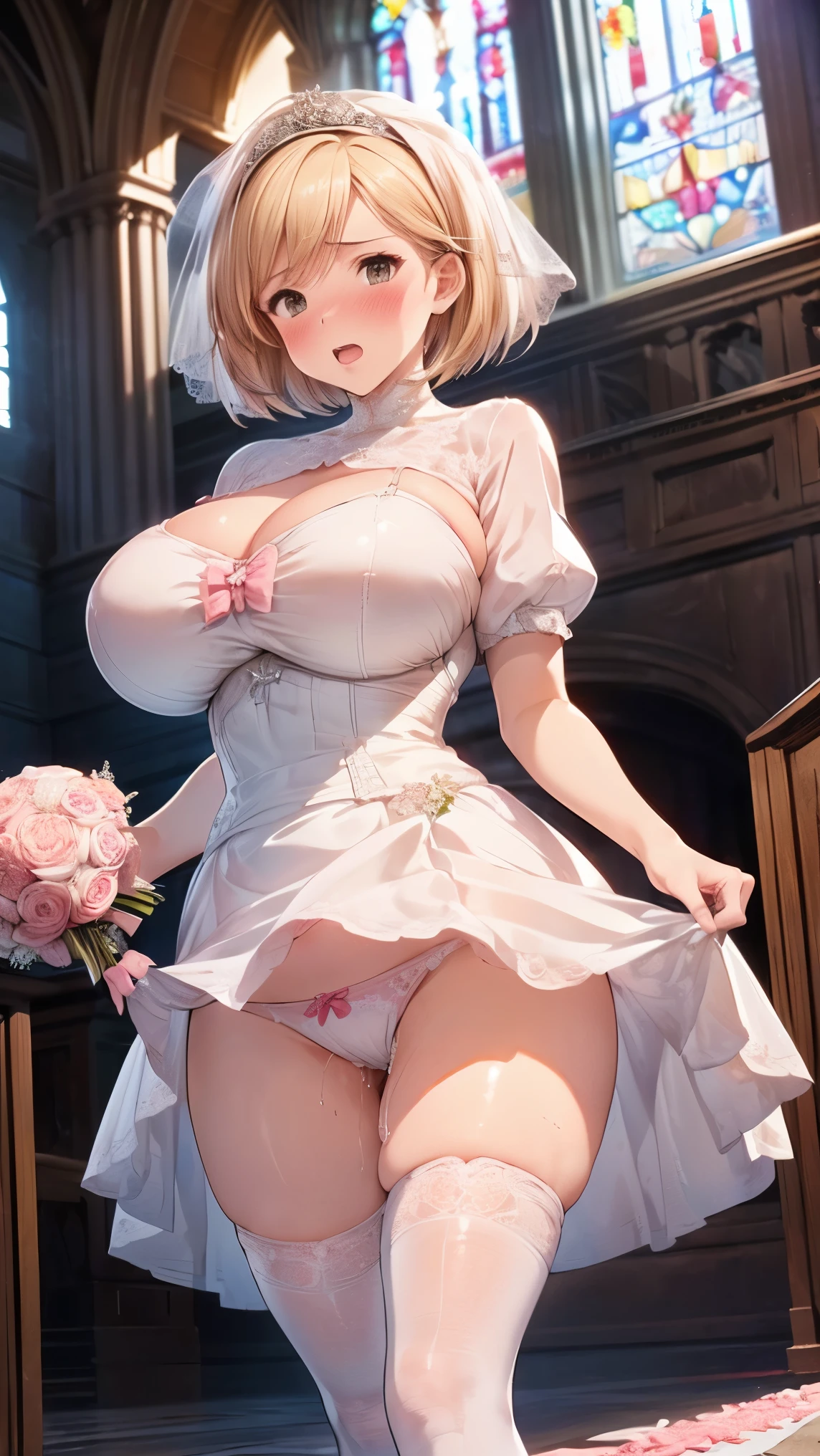 best quality,((((1girl)))),((big breasts:1.3)),curvy,((orgasm,blush:1.3)),angry,sweat,Djeeta_a,blonde hair, short hair, Brien eyes, ((wedding dress:1.3)),((mini skirt,lift skirt,upskirt,lace panties,white panties,black kneehighs,pussy juice:1.1)),full body,church,walking
