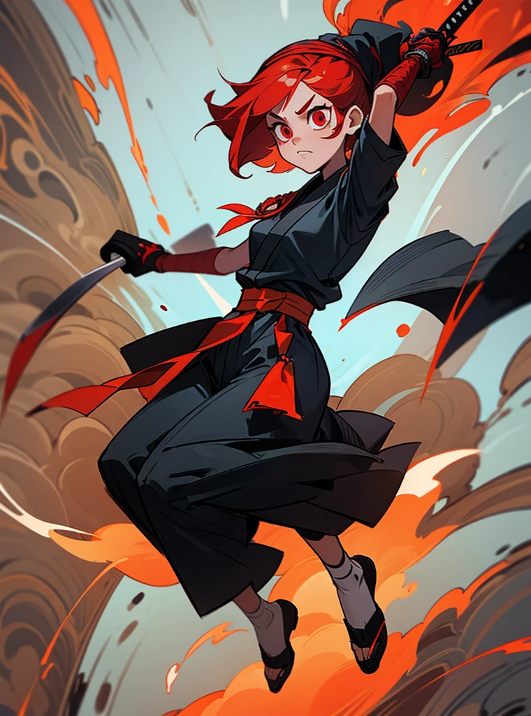 A girl with red hair and short red eyes with a face of gratitude her clothes are a white ninja and black lines she wears a bandana with a swirl and uses a katana covered in fire full body wallpaper of destruction and fire 