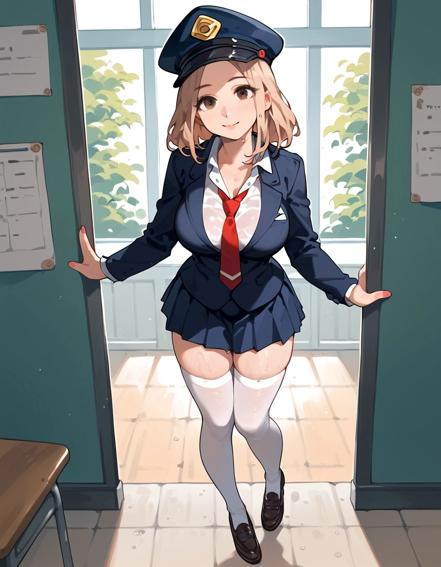 anime artwork, score_9, score_8_up, score_7_up, score_6_up, score_5_up, score_4_up, r,Camie Utsushimi, light brown hair, dark brown eyes,, breasts, , big breasts, at school, (school uniform:1.2), , cap, she is 24 years old, , rating explitic, wet whirt, ,horny, solo, , white stockings, shoes,,style_3, text on board, standing, pov viewer pressing her against board