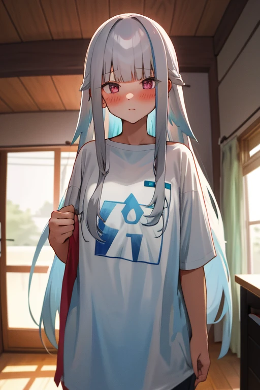 Girl with long hair, Gray Hair, View your viewers, Embarrassing, Blushing, indoor , Oversized naked t-shirt