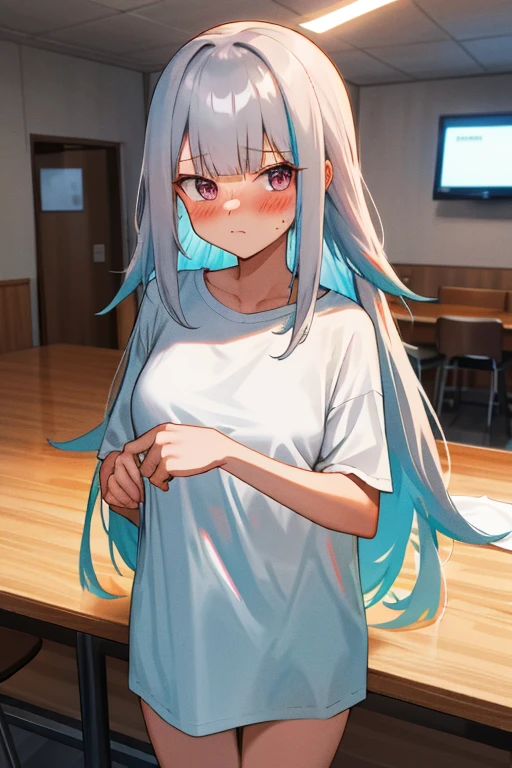 Girl with long hair, Gray Hair, View your viewers, Embarrassing, Blushing, indoor , Oversized naked t-shirt
