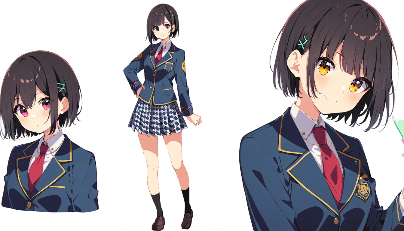 A girl standing smiling in a blazer uniform, with short black hair, a checkered skirt and brown loafers, from head to toe