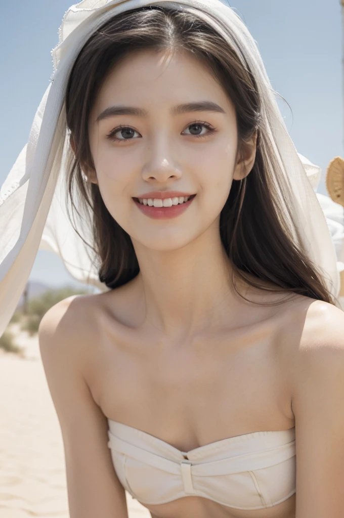 (((best quality))),(((ultra detailed))),(((masterpiece))),illustration,((A beautiful Muslim girl,solo)),((slim,thin)),summer,(in desert:1.3),white headscarf,(strapless white bra:1.3),(laughing:1.3),fair complexion,sun rays,gentle breeze,elegant attire,vast expanse,golden sand,azure sky,dunes,stillness,graceful elegance,(from front:1.3),(close-up of face:1.3),(small breasts:1.2),(flat chest:1.2)