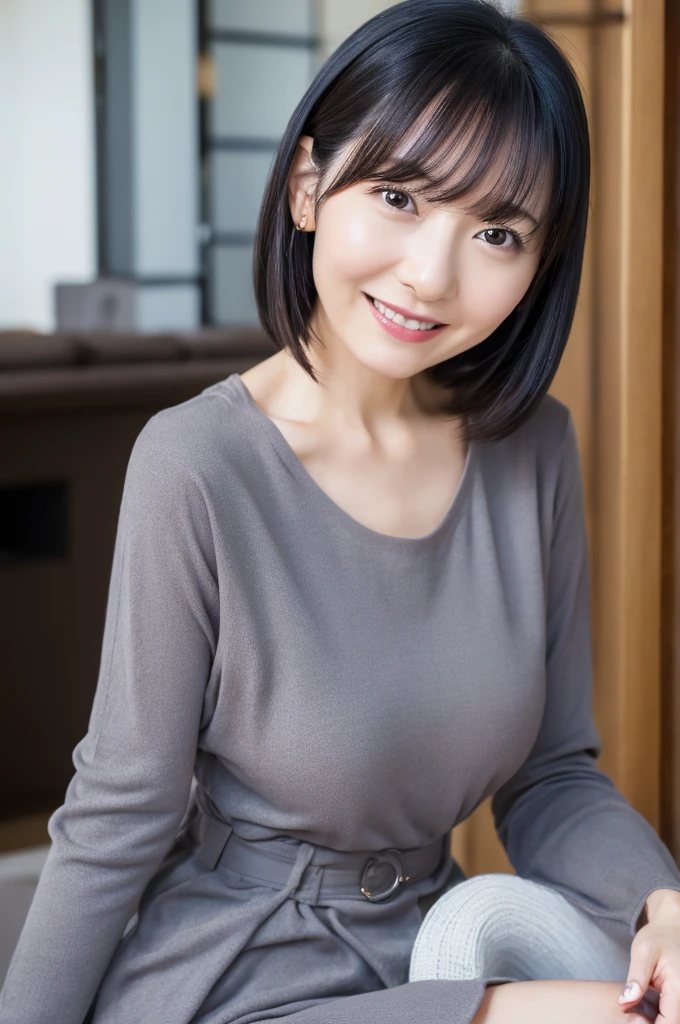 portrait, 8K, high quality, realistic photo image, 39 years old, Japan woman, neat and clean wife, small, housewife, reproduce natural and realistic eyes, Japan person stand, small, beautiful black hair, light makeup, octane rendering, beautiful lighting, golden ratio composition, smile, everyday wear, casual clothes, natural background, blurred background, 4k, high quality, realistic photo image, Japan woman, 37 years old, pure Japan face, lovely wife, upper body, small breasts, light makeup, suppin, neat beauty, mature woman, sober clothes, gray, beige, blue, sober, casual attire, smile, black hair, small black eyes, background blur