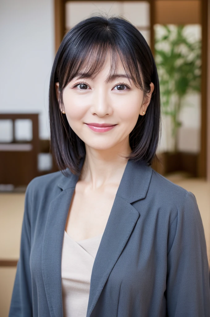 portrait, 8K, high quality, realistic photo image, 39 years old, Japan woman, neat and clean wife, small, housewife, reproduce natural and realistic eyes, Japan person stand, small, beautiful black hair, light makeup, octane rendering, beautiful lighting, golden ratio composition, smile, everyday wear, casual clothes, natural background, blurred background, 4k, high quality, realistic photo image, Japan woman, 37 years old, pure Japan face, lovely wife, upper body, small breasts, light makeup, suppin, neat beauty, mature woman, sober clothes, gray, beige, blue, sober, casual attire, smile, black hair, small black eyes, background blur