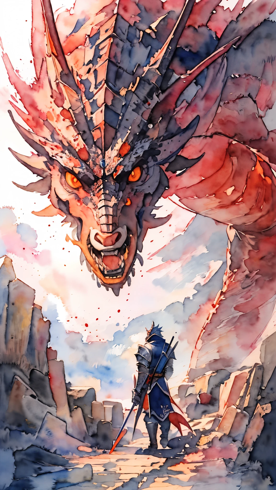 (masterpiece:1.2),(Highest quality),(Very detailedな),(Ultra-high resolution),8K,Vast landscape photography,(((watercolor))),(From below,A legendary knight looking up at a giant dragon in front of him,A dragon glaring at a legendary knight),(The knight is wearing legendary armor.),(One person: 1.5),((Burning mountain)),(Moving configuration: 1.4),Very detailed,colorful,Very detailed drawing,((透明watercolor))