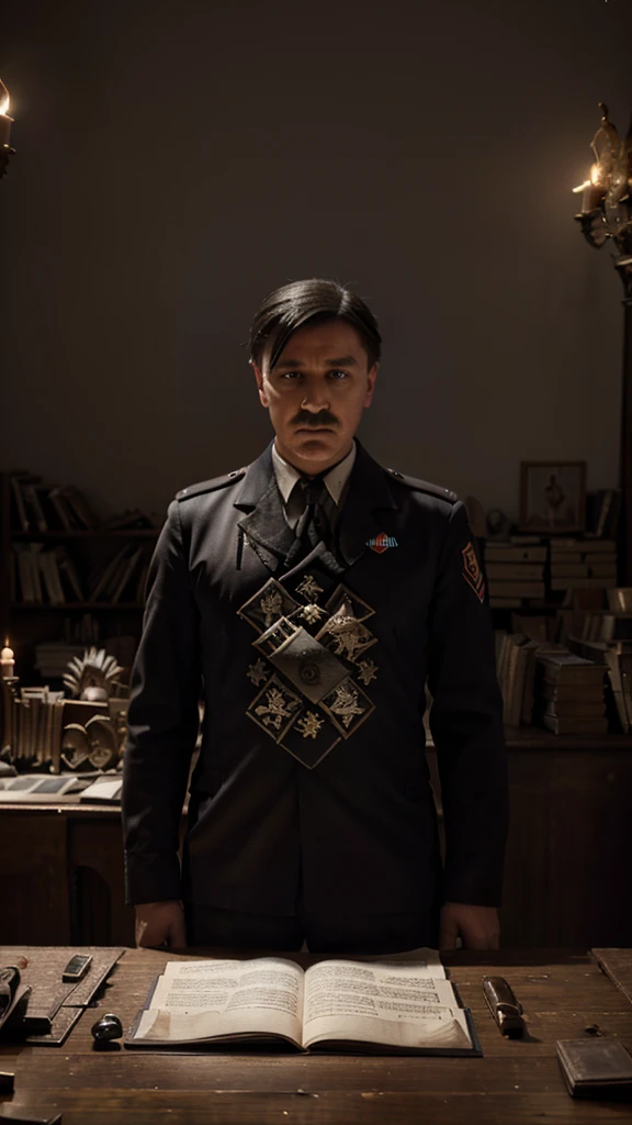 A striking cinematic illustration of Adolf Hitler, dictator of  Germany from 1934 to 1945. He is depicted as a sinister and powerful figure, standing in front of a large, ornate desk with a German flag in the background. The desk is covered in documents and maps, and a single candle casts an eerie light. The atmosphere is tense and foreboding, with an air of historical importance and the weight of millions of lives hanging in the balance