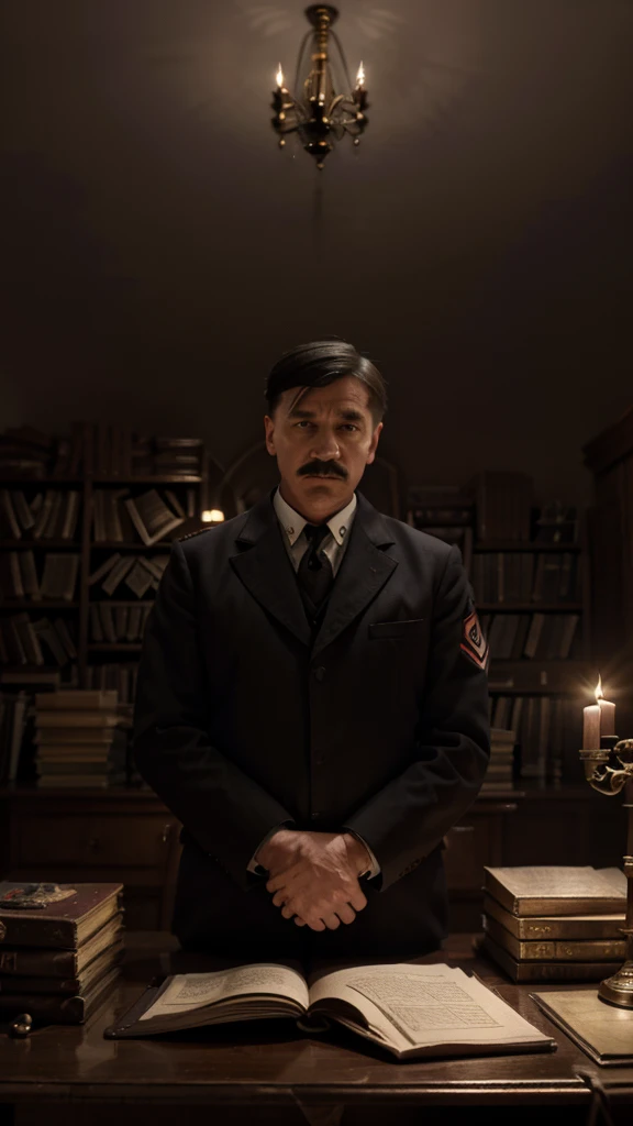 A striking cinematic illustration of Adolf Hitler, dictator of Germany from 1934 to 1945. He is depicted as a sinister and powerful figure, standing in front of a large, ornate desk with a German flag in the background. The desk is covered in documents and maps, and a single candle casts an eerie light. The atmosphere is tense and foreboding, with an air of historical importance and the weight of millions of lives hanging in the balance