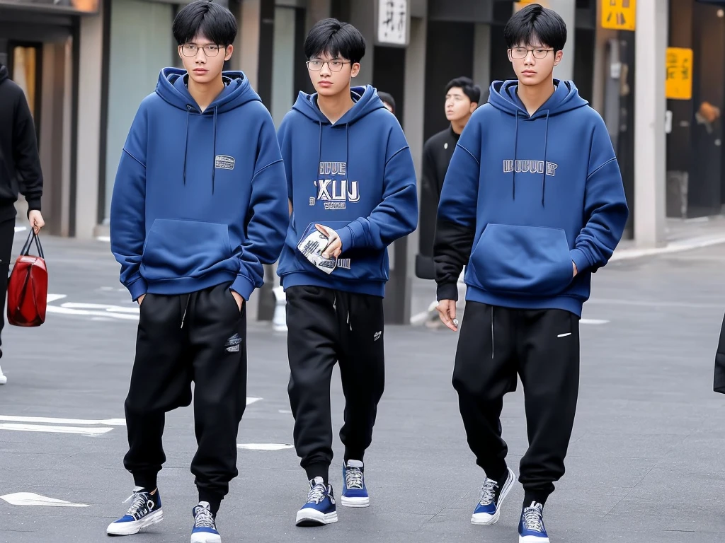 18 year old Shanghai boy, he is ((oversized xxl blue plain hoodie)), wearing black pants, wearing sneakers, wearing glasses, night club, whole body, (he is 한국 머리카락입니다) k pop style