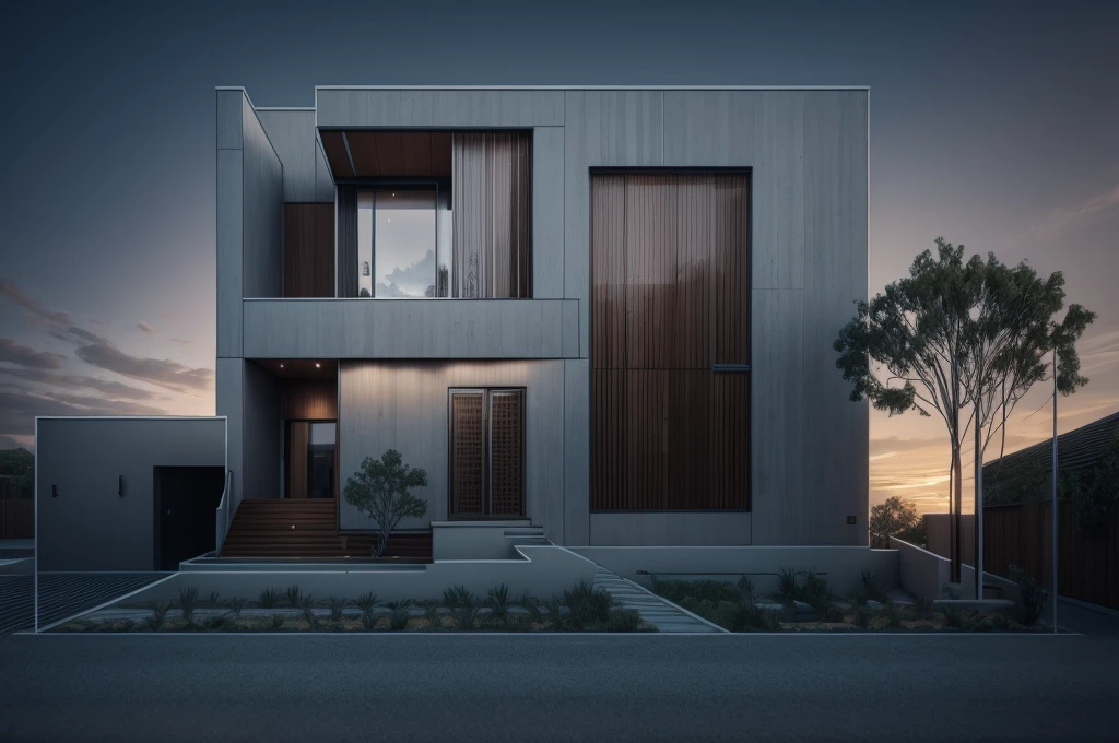 photorealistic,modern house,facade,modern,512k,high detailed,phot real, award winning, large glass window on the right side, wooden planks stacks on the upper floor on the left side, grass,plants,trees,evening,interior lights,((red brick architecture façade))