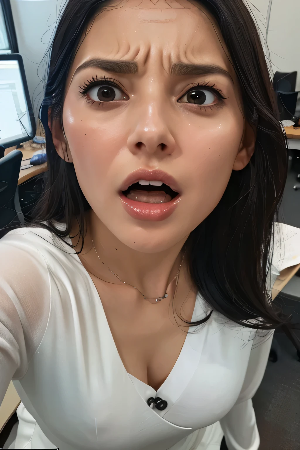 1 Girl,flying debris,,Award-winning photo, Very detailed, Edge Orgasm,Face Focus, (Open your mouth ), 30 years old、Black Hair、Shiny skin,From below、Realistic nostrils、Long and narrow nasal cavity,、Glass-walled office、(Modern interior office)、congestion、Are standing、((suit))、Big Breasts、(Sharp Nose)Frowning performance:1.4, concept,teeth,performance,facial performances,Frowning,Lift your head、very intense orgasm,frown,hyper realistic detail shiny skin,highly detailed ski,pores,real skin,