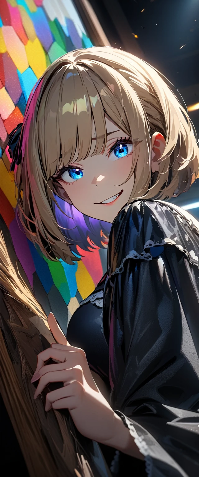 (((One girl))), Shibuya, blond hair, bob cut, (looking at viewer), upper body, breasts, teenager, head tilt:1.3, (((bright blue eyes))), constricted pupils, (from side:1.3), ((evil grin)), (((Gothic Lolita:1.3))),  white and black, hair ornament, hair ribbon, anime style, (best quality, 4k, 8k, highres, masterpiece:1.2, ultra-detailed, ultra-detailed eyes, HDR, UHD, studio lighting, ultra-fine painting, sharp focus, physically-based rendering, extreme detail description, professional, vivid colors, bokeh)