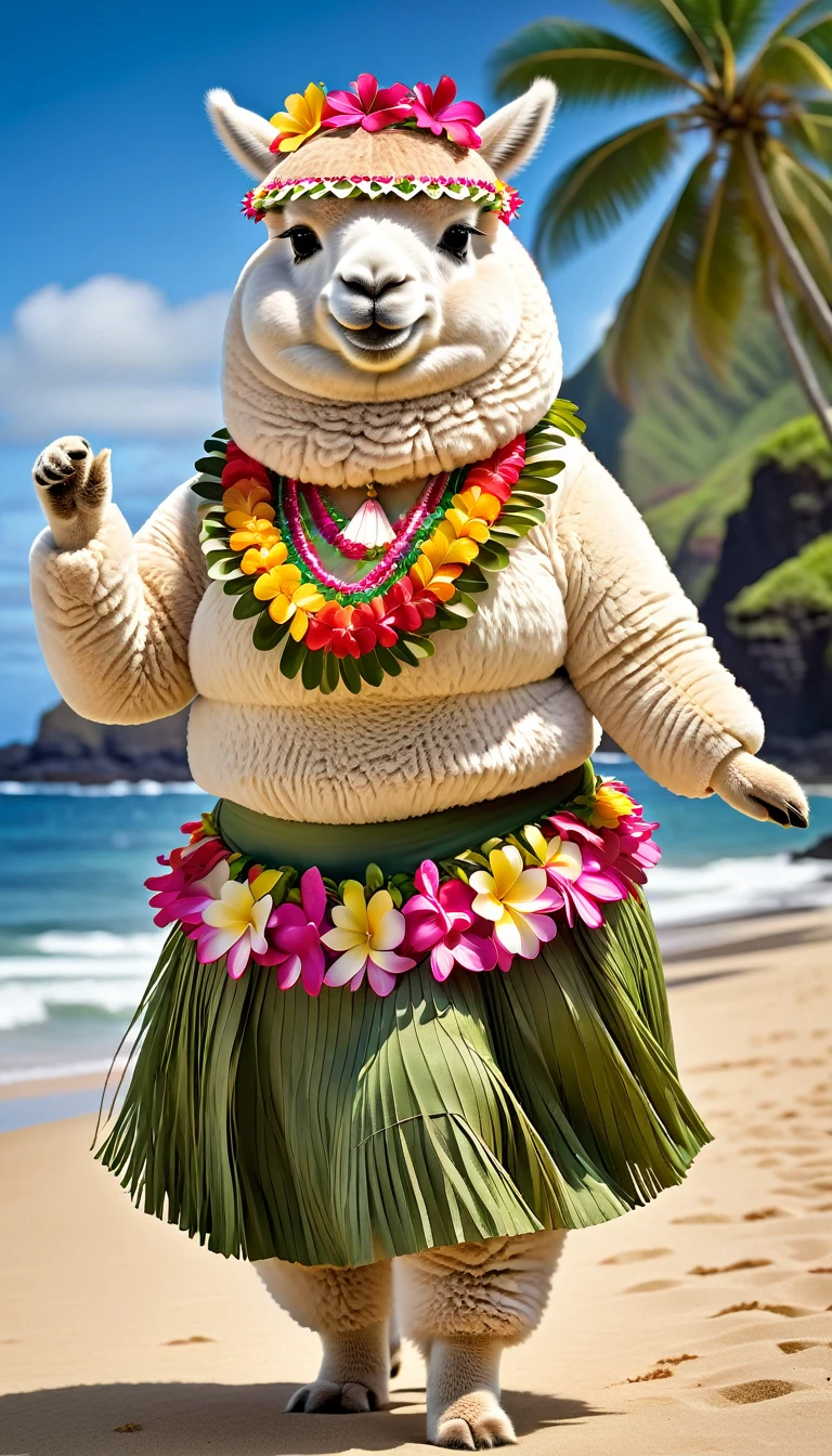 photorealistic portrait of Dressed animals - a ((fat)) alpaca hula dancer,(hula dancing:2.0), (hands on hips:1.5),(happy smile:1.2),high quality,(happy),(lovely) ,intricate details, (furry), highly detailed ((female hula dance costume)) ,highly detailed decorations, wearing (bikini) and flower lei , (happy), studio lighting,(full body image:1.5),Hawaii beach background,,(perfect hands)