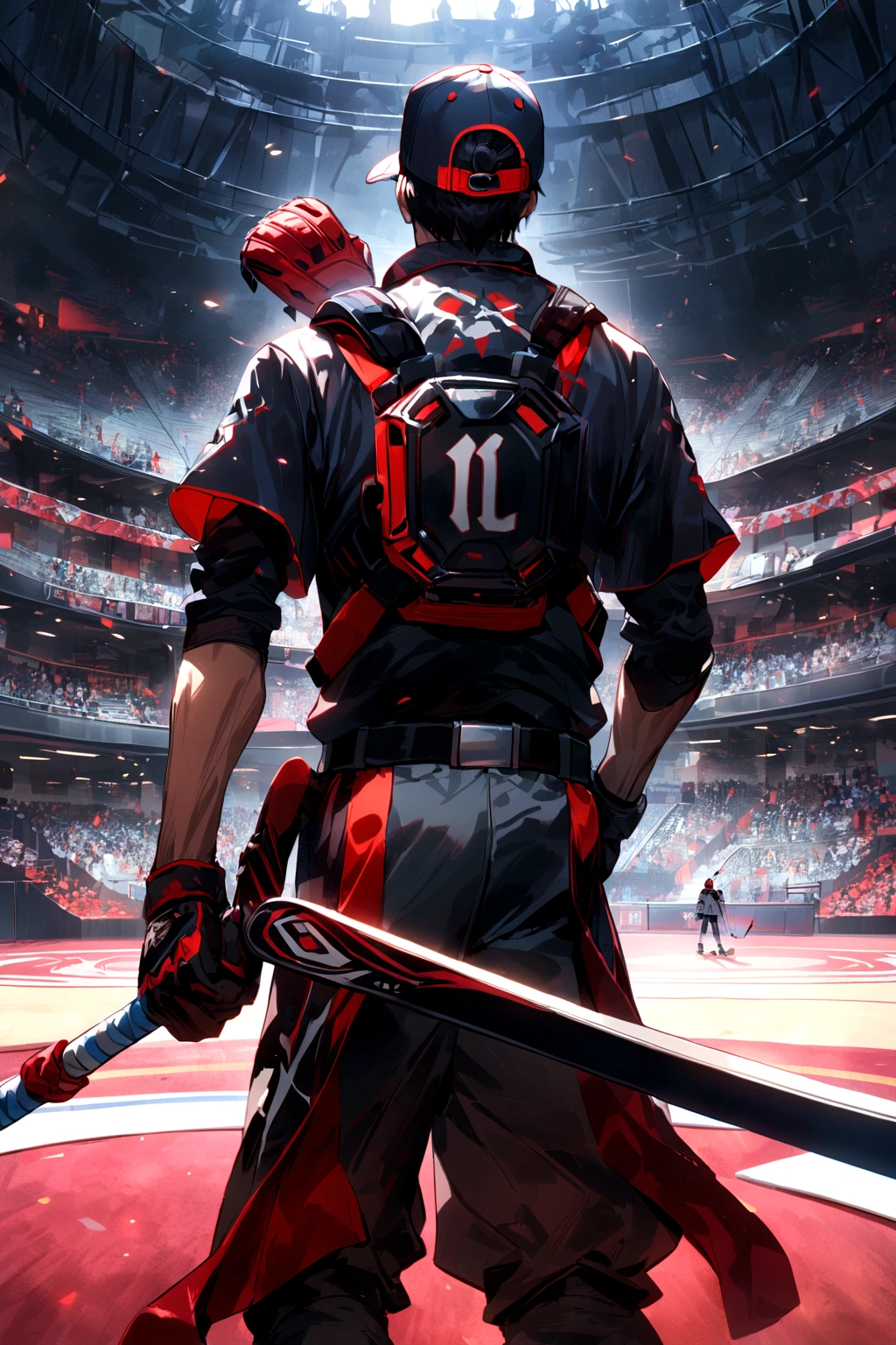 Boys,Attractive temperament,Baseball uniforms,Crooked baseball cap,Please wear a baseball glove on your right hand,Skis in left hand。Back view,court