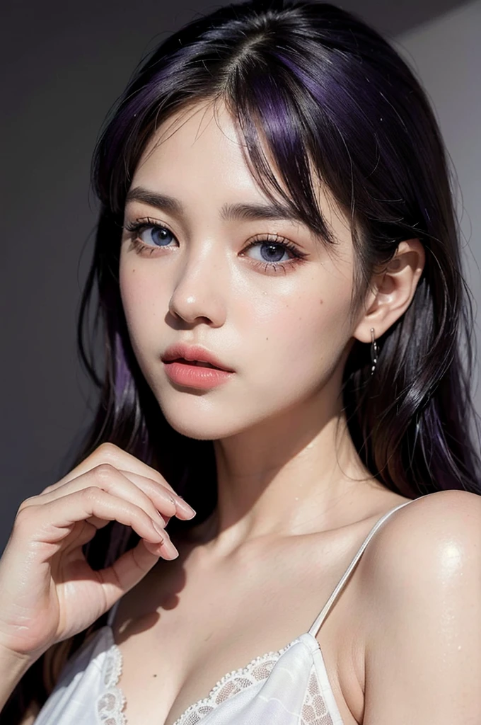 best quality,masterpiece,extremely detailed,high res,4k,ultra high res,detailed shadow,ultra realistic,realistic,dramatic lighting,1girl,solo,detailed face,realistic eyes,realistic skin,white dress,purple hair,dynamic pose, white lace dress
