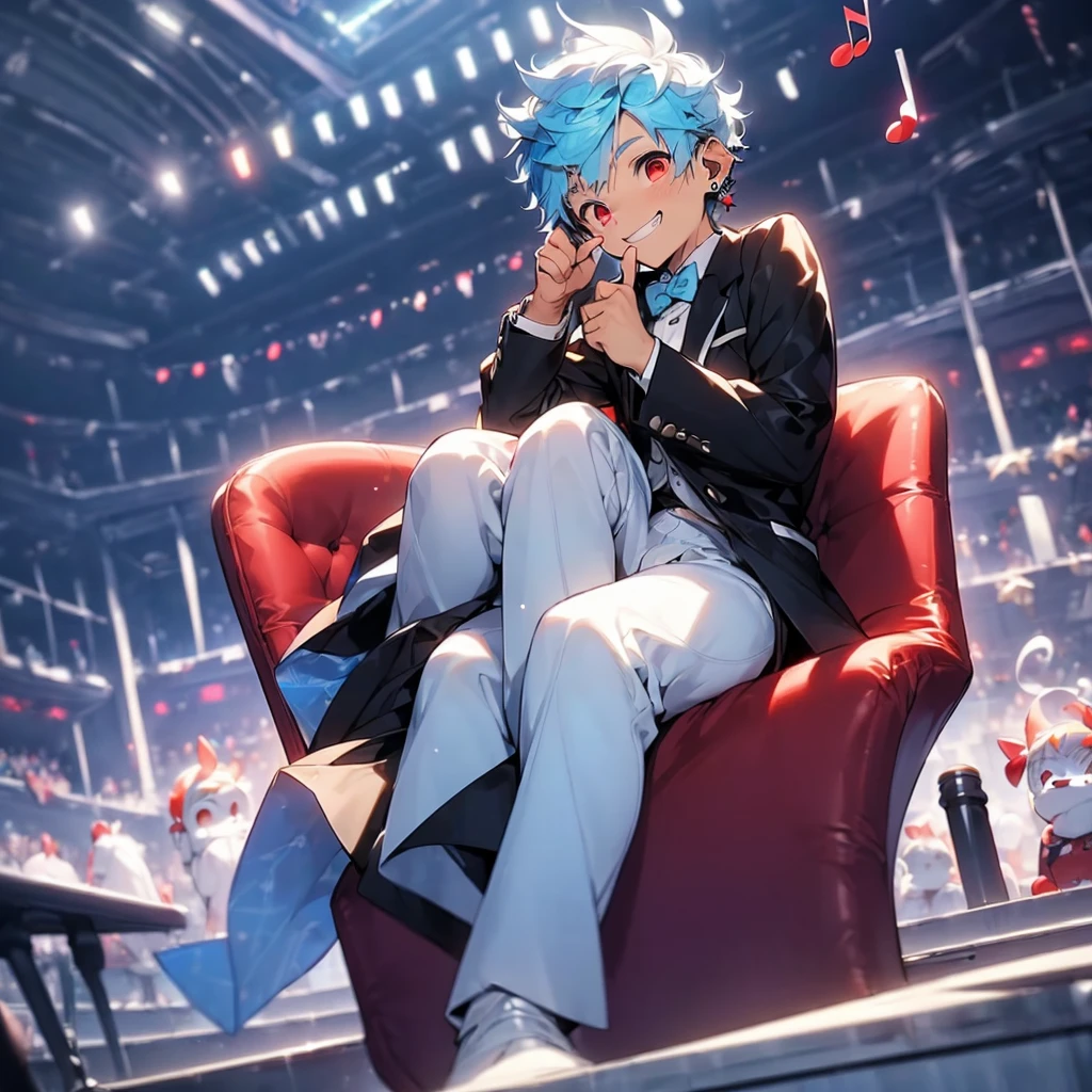 (solo:2.5), (boldline:-1.7), (put index finger on mouth:1.5), (floating musical notes:1.7), (sitting on red chair:1.5), (((fang))), (((best finger))), BREAK (best quality:1.5), (absolutely resolution:1.5), (ultra detailed:1.5), (masterpiece:1.5), (perfect face), (detailed face), (detailed eyes:1.3), (best eyes), (cute face), (shota:2), BREAK (tuxedo:1.5), (bulge:1.6), (skinny:1.3), BREAK (light blue hair:1.5), (spiked hair), (wine red eyes:1.4), (eyes with highlight:1.6), ((mole under eye)), (sweaty skin), (grin:1.5), ((earrings)), (shiny skin:1.3), BREAK (concert hall:1.5), (spot light:1.3), (at concert), (many people), ((wind blowing)), frow below, (upper body),