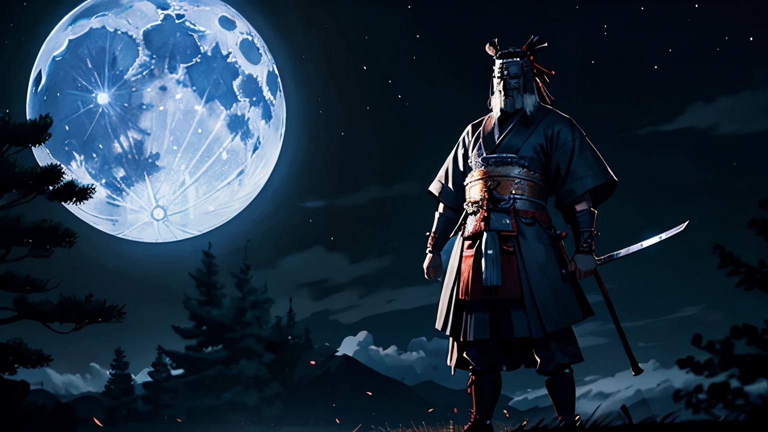 The ancient samurai, standing tall on a dark night illuminated by the moon.