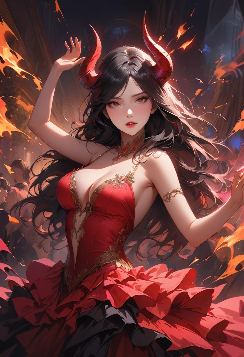 A beautiful girl with black hair and a red dress dances in a dance club with a strong demon man with black hair, grey leather, There are horns on the head, waist-length portrait,detailed image, realistic, real, realistic facial features, realistic photography,Tangor dance,Expressive Movements,tempting,powerful,elegant,tango hugs,bright colors,sensual,Musical atmosphere,impeccable choreography, fascinating,attractive,Vigorous,tango rhythm,Elaborate costumes,fluid movement,Fiery intensity,romantic,dramatic lighting,страстный connection,Fiery Passion,Perfect Synchronization,audience fascinated,Sparks fly,emotional connection, intensive chemistry,fascinating performance,background red