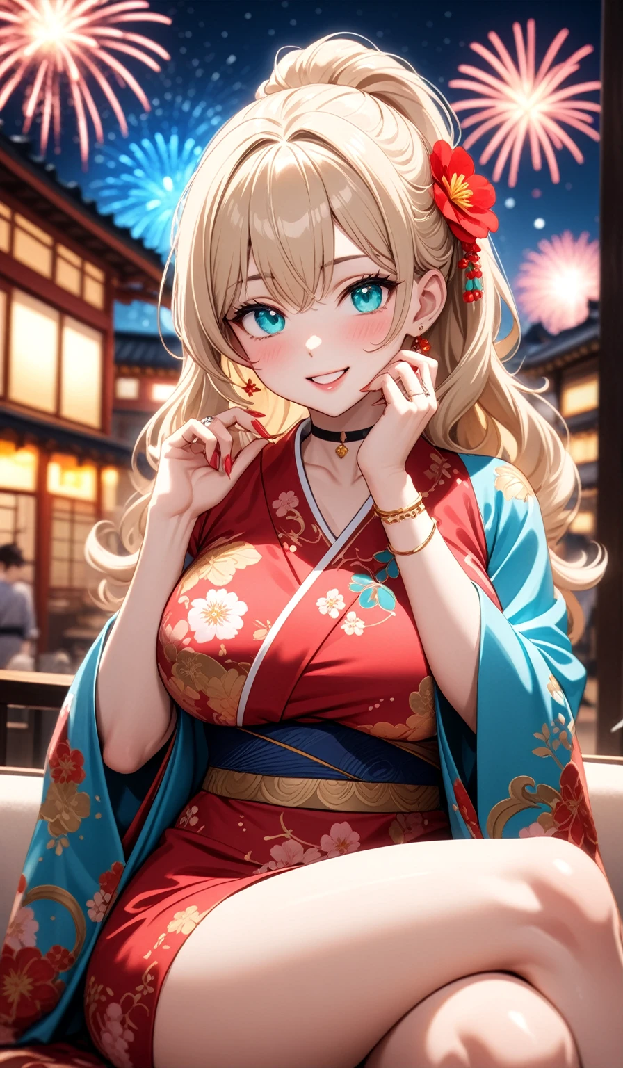 ((One personの女性)), Beautiful Face,Laughing embarrassedly, (naughty face:1.2), Laughing with your mouth open, upper teeth, ((Bright red cheeks:1.4)),Glossy Red Lips, ((crossed legs:1.4)), panty shot, Touching hair with hands,looking at viewer, Night view,Heights, firework, ((Anime style background)),masterpiece, Highest quality, so beautiful,up to date, Complex details, (Pink long nails),(ring),(bracelet),(choker),AI-generated, Complex,High resolution, Highest quality, super high quality,3D Images、3D Images,One person,Long blonde hair,ponytail, wavy hair ,Anime woman posing for a photo, ((Fine grain、Turquoise Eyes、Shining Eyes:1.3)), (Squint your eyes:1.1),a hyperRealistic , hyperRealistic , Realistic,Anime woman with long white hair, Smooth anime CG art, A woman in a colorful kimono with gold embroidery, (Pink long sleeve kimono),Red floral pattern,Long flower hair ornament,Earrings,Mature Body,(Big Breasts:1.1),Tall,Abdominal muscles,Tight waist,(Zoom up to face:1.1), (front view),