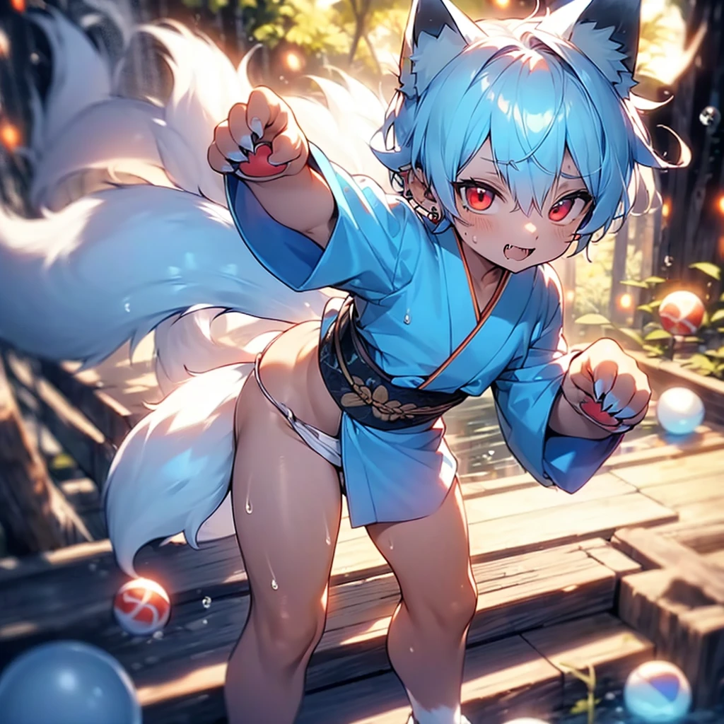 (solo:2), (boldline:-1.7), (dynamic), (paw pose:1.4), (arched back), ((bubble)), (standing:1.5), (spread legs:1.3), (((fang))), (((best finger))), BREAK (best quality:1.5), (absolutely resolution:1.5), (ultra detailed:1.5), (masterpiece:1.5), (perfect face), (detailed face), (detailed eyes), (best eyes), (cute face), (shota:2.1), BREAK (blue kimono:1.5), BREAK (white loincloth:1.5), (fox ears:1.5), (fox tail:1.75), (see throgh wet clothes:1.3), (bulge:1.6), (skinny:1.3), BREAK (light blue hair:1.5), (spiked hands), (wine red eyes:1.4), (eyes with highlight:1.6), ((mole under eye)), (sweaty skin), (chuckling:1.5), ((earrings)), (shiny skin:1.3), BREAK (forest:1.5), (blun orbs:1.5), (((at night))), ((wind blowing)), ((nipple)), (abs), groin, (from above), look up,