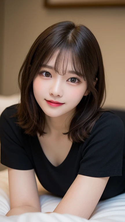 Tabletop, Highest quality, shape, Very detailed, finely, High resolution, 8k wallpaper, 完璧なダイナミックな構shape, Beautiful and exquisite, Short sleeve、Medium Hair,Big Breasts 、Natural color lip, Random sexy poses,smile,、20-year-old girl、Midnight、Beautiful and elaborate face、Perfect and beautiful face,Big eyes、RAW Photos、spread your arms and legs wide、Express your best emotions with your whole body、Beautiful and exquisite、Small face、Beautiful Duplex、Slim face and figure、Blur the background、bed