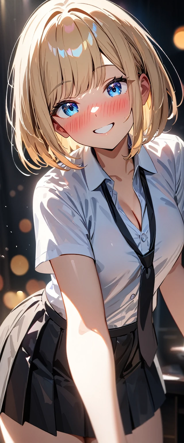 (((One girl))), blond hair, bob cut, (cowboy shot), (looking at viewer), breasts, teenager, head tilt:1.3, (((blue eye))), ((happy smile)), ((full face blush)), school summer uniform, white shirts, black tie, black skirt, cleavage, anime style, (best quality, 4k, 8k, highres, masterpiece:1.2, ultra-detailed, ultra-detailed eyes, HDR, UHD, studio lighting, ultra-fine painting, sharp focus, physically-based rendering, extreme detail description, professional, vivid colors, bokeh)