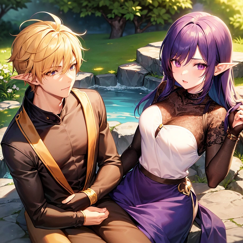 A beautiful girl and a handsome boy(their a couple),the girl has: short white hair,pointy elf ears,and violet eyes,the boy has messy Orange hair,and ash brown eyes (the boy is hugging the girl sitting on his lap)