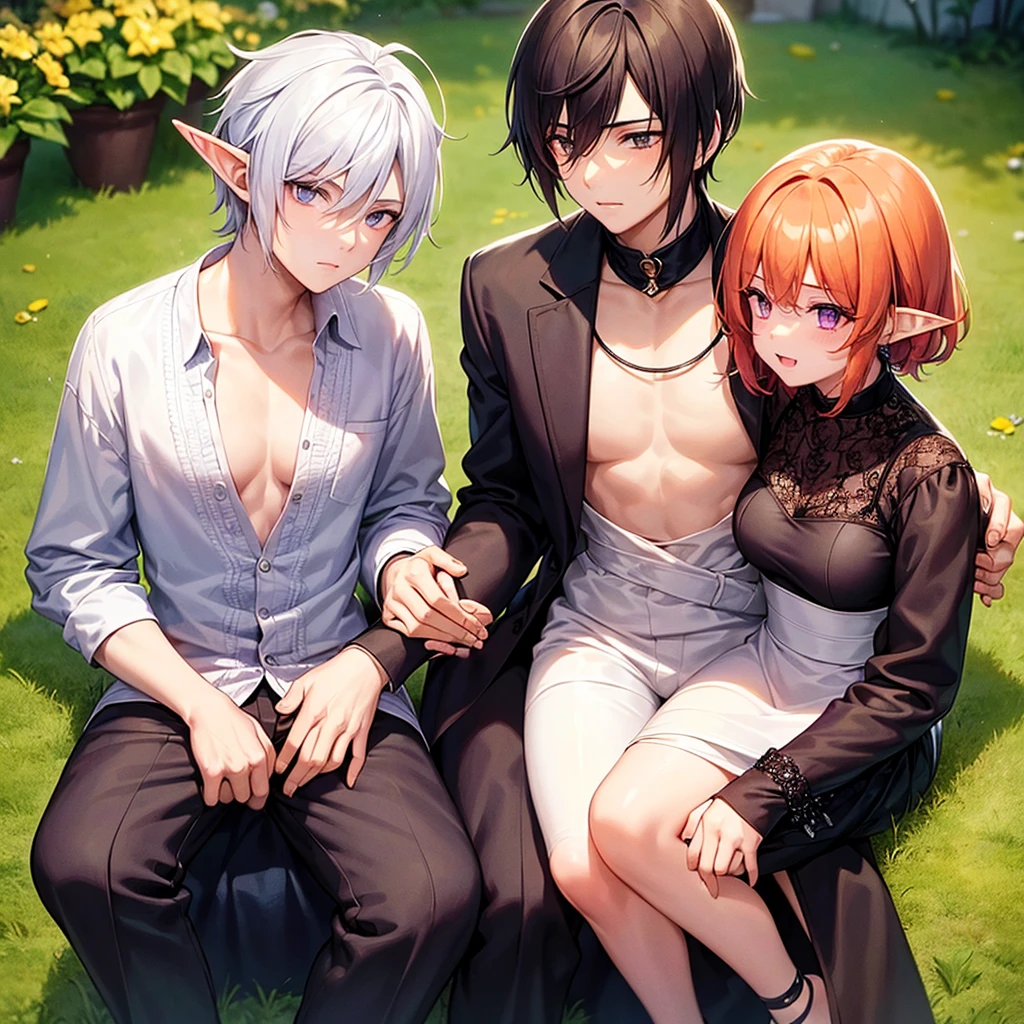 A beautiful girl and a handsome boy(their a couple),the girl has: short white hair,pointy elf ears,and violet eyes,the boy has messy Orange hair,and ash brown eyes (the boy is hugging the girl sitting on his lap)