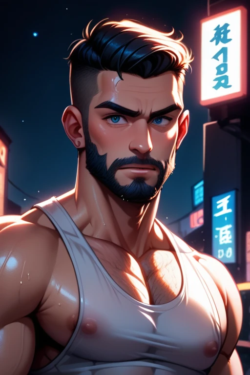 45 year old man(cobalt eyes; salt-and-pepper crew cut; epic jawline; rugged; muscular and imposing; incredible beard; masculine; round-faced, Kurt Russell), Disney-style cgi, night time neon-lit streets crime scene; futuristic; dystopian; best quality; high detail; trending on artstation; complex volumetric lighting; tank top; 80s action hero; sweaty; grimy; upper body shot;