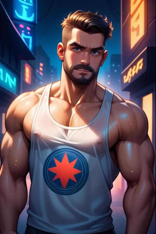 45 year old man(cobalt eyes; salt-and-pepper crew cut; epic jawline; rugged; muscular and imposing; incredible beard; masculine; round-faced, Kurt Russell), Disney-style cgi, night time neon-lit streets crime scene; futuristic; dystopian; best quality; high detail; trending on artstation; complex volumetric lighting; tank top; 80s action hero; sweaty; grimy; upper body shot;