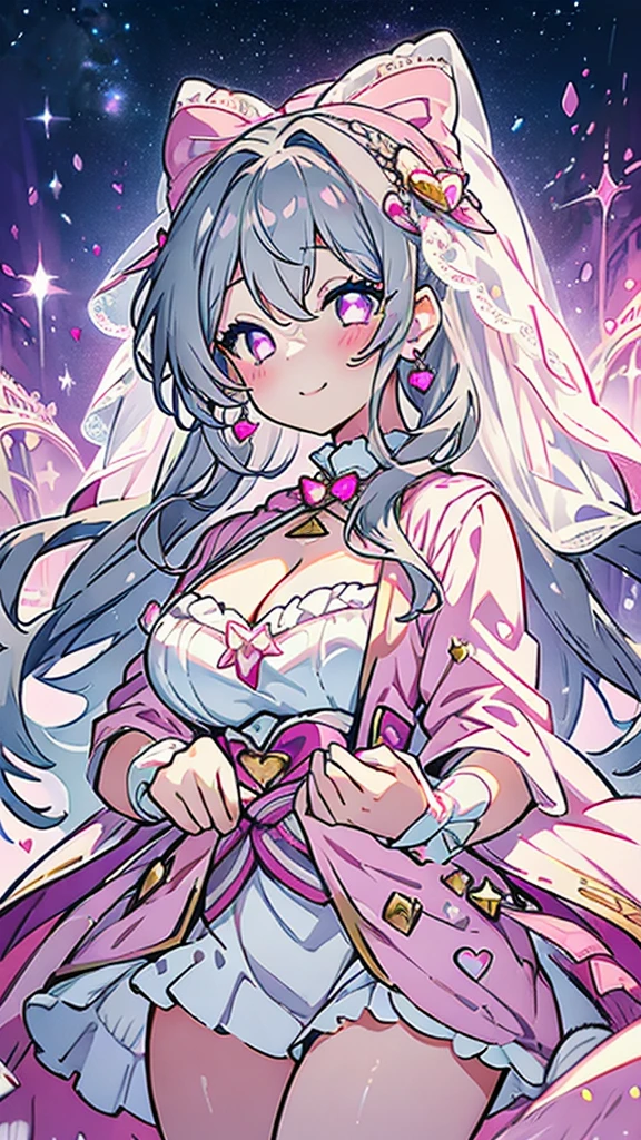 Masterpiece、Highest quality、Super detailed、1 girl、Big Tits、Cleavage、Gray Hair、Fluffy and soft long hair、Pink eyes、Heart Pupil、music、Lace cape、underwear、Ruffles and ribbons、Sparkling starry sky、Sprinkled with stars and crystals、smile、Pink Lipstick、Earrings、Lace veil