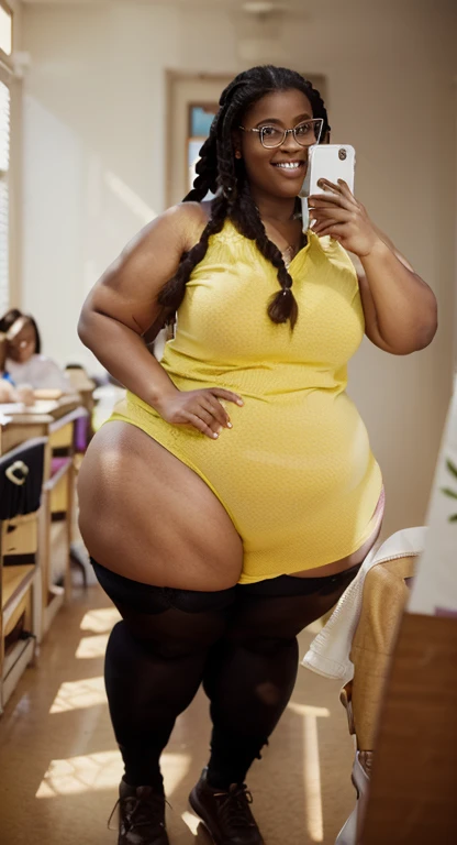 fat girl, obese girl, standing in a classroom, huge ass/Thighs, sexy afro girl, black braids, naked, wearing glasses, bright brown eyes, very dark skin, happy smile high resolution