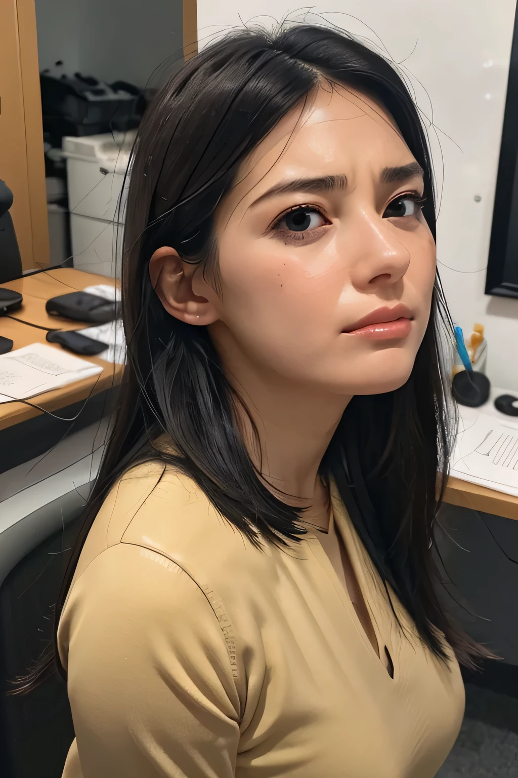 1 Girl,flying debris,,Award-winning photo, Very detailed, Edge Orgasm,Face Focus, (Open your mouth ), 30 years old、Black Hair、Shiny skin,From below、Realistic nostrils、Long and narrow nasal cavity,、Glass-walled office、(Modern interior office)、congestion、Are standing、((suit))、Big Breasts、(Sharp Nose)Frowning performance:1.4, concept,teeth,performance,facial performances,Frowning,Lift your head、very intense orgasm,frown,hyper realistic detail shiny skin,highly detailed ski,pores,real skin,