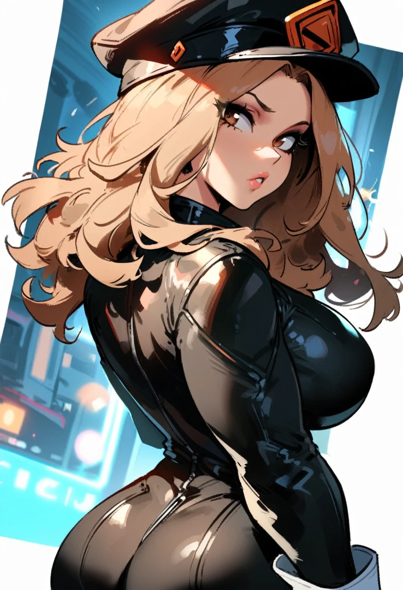 1girl, utsushimi kemii, boku no hero academia \\\\\ masterpiece, best quality, very aesthetic, absurdres, newest \\\\\\ slim body,///// ,by nyantcha,cutesexyrobutts , by khyle,,////// beautiful face, light brown hair ,plump and glossy lips, . , , dark brown eyes,, cap, black catsuit . She wears white cuffs around her wrists,,standing, white background, (rear view:1.2), ass view,big tits