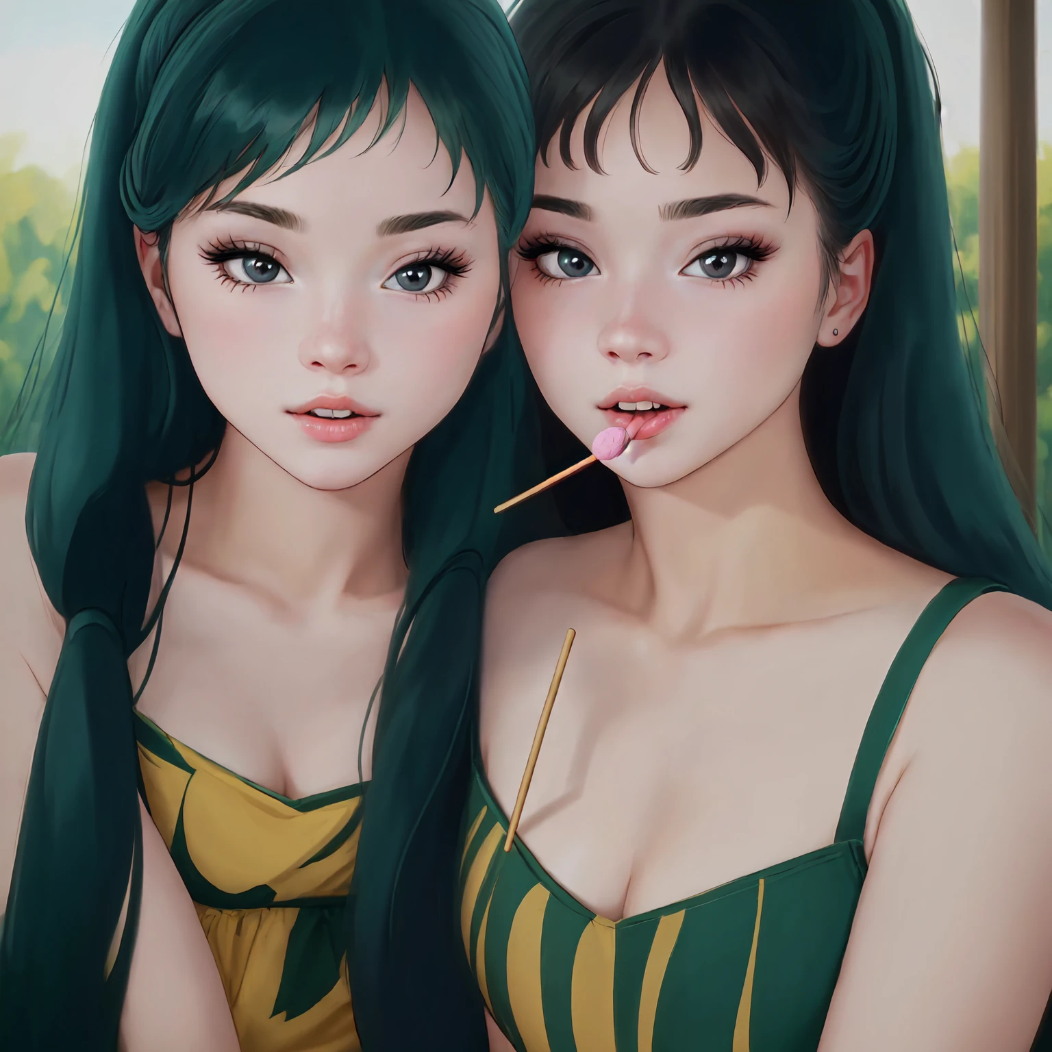 Lum, a girl sitting on a tree, holding a lollipop, licking the lollipop, experiencing bliss, 1girl, beautiful detailed eyes, beautiful detailed lips, extremely detailed face and features, longeyelashes, adorable, whimsical, dreamlike, soft lighting, pastel colors, warm tones, cinematic, impressionistic, (best quality,4k,8k,highres,masterpiece:1.2),ultra-detailed,(realistic,photorealistic,photo-realistic:1.37)