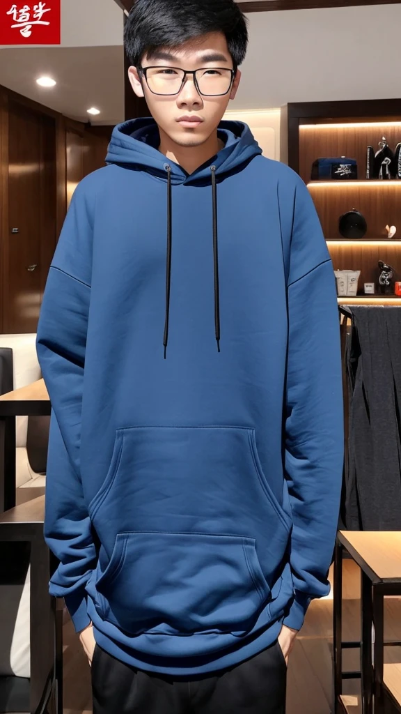 18 year old guangxi boy, he is ((oversized xxl blue plain hoodie)), wearing black pants, wearing sneakers, wearing glasses, night club, whole body, (he is 한국 머리카락입니다)  k pop style