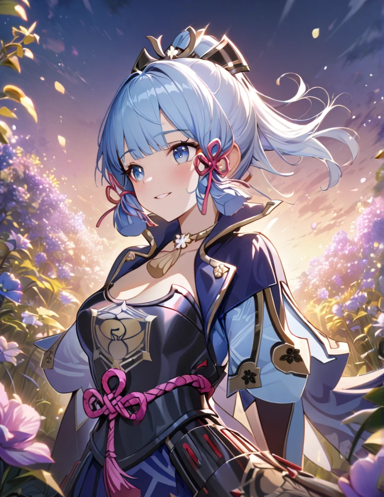 ayaka genshin impact hair, beautiful girl, long blue hair, beautiful face,smiling,close up to hips, beautiful medium breast, in the middle of flowers field, (open mouth:0.4),illustration,detailed textures(realists),ultra-detailed,portrait style,vivid colors,soft lighting, blushing, mature, hair fluttering, evening light, ((half body)), wearing intricate dress, no bra, ((side profile until hips)), ((mature)), 