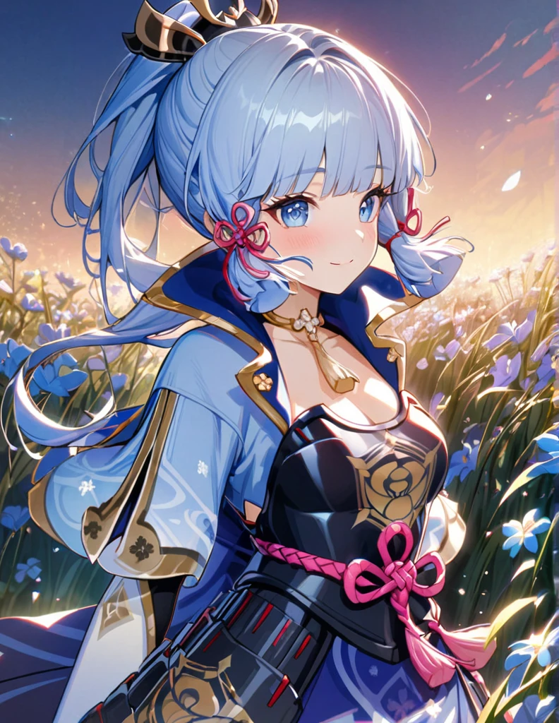 ayaka genshin impact hair, beautiful girl, long blue hair, beautiful face,smiling,close up to hips, beautiful medium breast, in the middle of flowers field, (open mouth:0.4),illustration,detailed textures(realists),ultra-detailed,portrait style,vivid colors,soft lighting, blushing, mature, hair fluttering, evening light, ((half body)), wearing intricate dress, no bra, ((side profile until hips)), ((mature)),