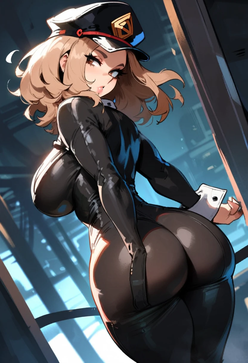 1girl, utsushimi kemii, boku no hero academia \\\\\ masterpiece, best quality, very aesthetic, absurdres, newest \\\\\\ slim body,///// ,by nyantcha,cutesexyrobutts , by khyle,,////// beautiful face, light brown hair ,plump and glossy lips, . , , dark brown eyes,, cap, black catsuit . She wears white cuffs around her wrists,,standing, white background, (rear view:1.2), view,big