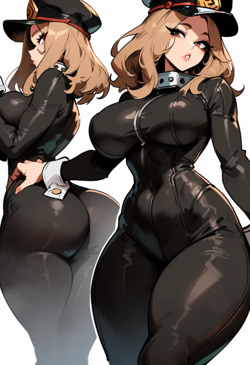 1girl, utsushimi kemii, boku no hero academia \\\\\ masterpiece, best quality, very aesthetic, absurdres, newest \\\\\\ slim body,///// ,by nyantcha,cutesexyrobutts , by khyle,,////// beautiful face, light brown hair ,plump and glossy lips, . , , dark brown eyes,, cap, black catsuit . She wears white cuffs around her wrists,,standing, white background, (rear view:1.2), ass view,big tits