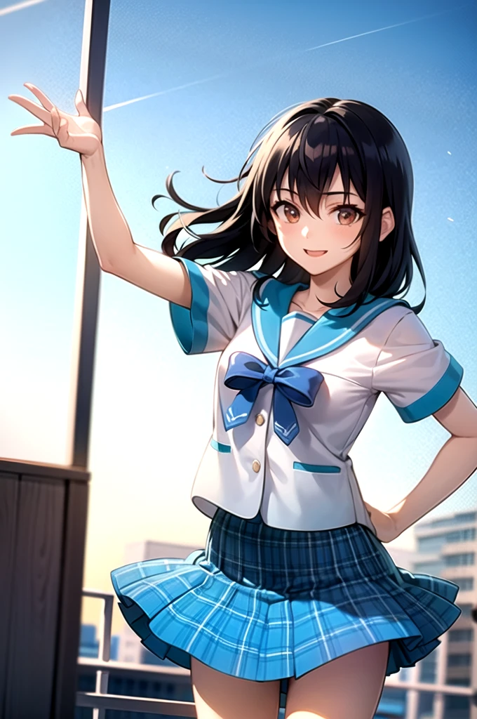 ((masterpiece)),( Highest quality), ultra-detailed, Details,1人のgirl, 1girl, 一人in, length_hair, Looking_in_Audience, short_hair, 前hair, black_hair, ribbon, hair_between_eye, brown_eye, girl, , Sailor suit, mini skirt, , null, Ocean、Future City Port、The wind is blowing、Perfect promotion、Fluttering skirt、The best smile、serafuku blue bow blue skirt plaid skirt、Beautiful woman