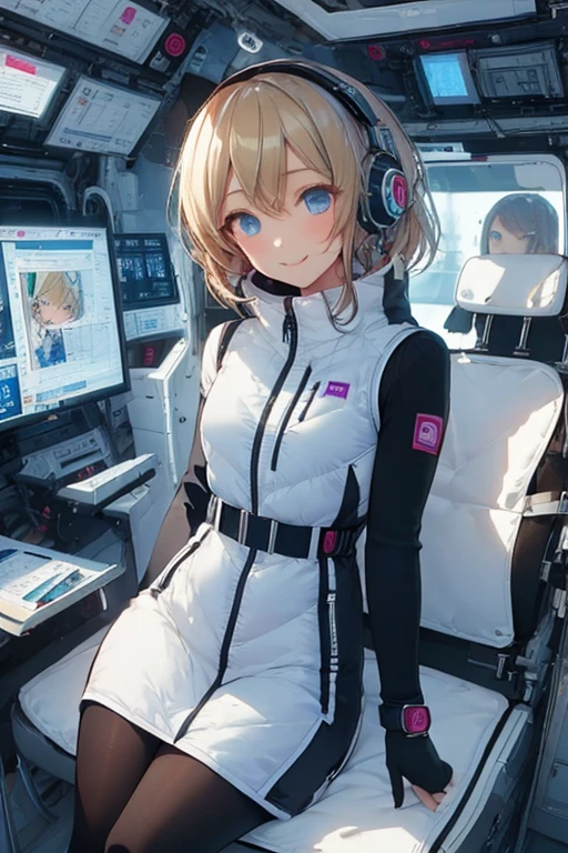 masterpiece, highest quality, high resolution, breasts, 20yo,1 girl,(solo):2,,blonde hair,(inside space station):2,flying:2,floatong:2,zero gravity,wind:1.5,anime lovelive style,
BREAK
headphone,(futurstic tight-fit bodysuit):2,(shiny silver long downvest):100,(northface silver metallic puffy downvest):2,(puffy):2,(black sleeves):5,(black tights):2,(black belt),futuristic boots and gloves,(smartwatch):100,astrovest
BREAK
1 girls, sitting in spacecraft cabin with 4-point seat belt, securely fastened, space station interior, looking out of large windows at Earth below, beautiful eyes, she have aluminum foil pouch,(aluminum foil pouch with plastic viewing window):2, contains nutritious liquid or puree together, smiling and chatting, bright and cheerful expressions, high quality cinematic lighting, detailed textures, sharp focus,blue hair,blue eyes,