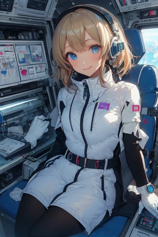 masterpiece, highest quality, high resolution, breasts, 20yo,1 girl,(solo):2,,blonde hair,(inside space station):2,flying:2,floatong:2,zero gravity,wind:1.5,anime lovelive style,

BREAK
headphone,(futurstic tight-fit bodysuit):2,(shiny silver long downvest):100,(northface silver metallic puffy downvest):2,(puffy):2,(black sleeves):5,(black tights):2,(black belt),futuristic boots and gloves,(smartwatch):100,astrovest
BREAK
1 girls, sitting in spacecraft cabin with 4-point seat belt, securely fastened, space station interior, looking out of large windows at Earth below, beautiful eyes, she have aluminum foil pouch,(aluminum foil pouch with plastic viewing window):2, contains nutritious liquid or puree together, smiling and chatting, bright and cheerful expressions, high quality cinematic lighting, detailed textures, sharp focus,blue hair,blue eyes,
