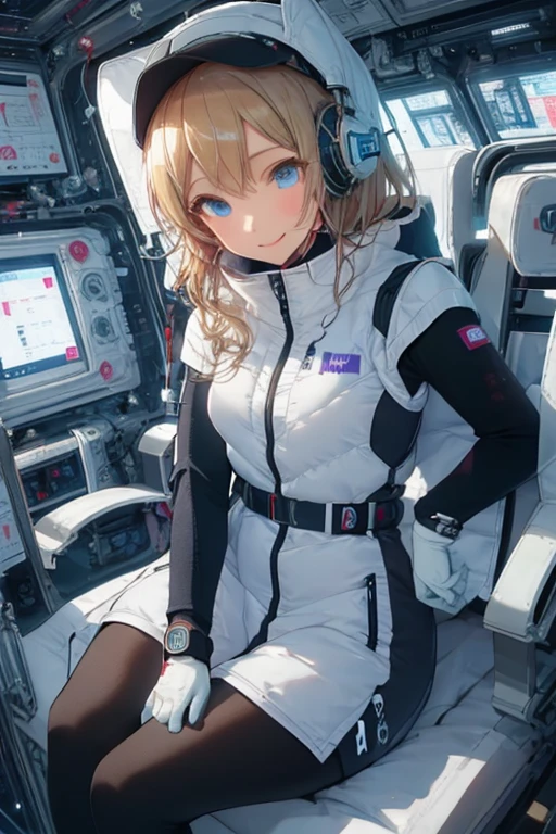 masterpiece, highest quality, high resolution, breasts, 20yo,1 girl,(solo):2,,blonde hair,(inside space station):2,flying:2,floatong:2,zero gravity,wind:1.5,anime lovelive style,
BREAK
headphone,(futurstic tight-fit bodysuit):2,(shiny silver long downvest):100,(northface silver metallic puffy downvest):2,(puffy):2,(black sleeves):5,(black tights):2,(black belt),futuristic boots and gloves,(smartwatch):100,astrovest
BREAK
1 girls, sitting in spacecraft cabin with 4-point seat belt, securely fastened, space station interior, looking out of large windows at Earth below, beautiful eyes, she have aluminum foil pouch,(aluminum foil pouch with plastic viewing window):2, contains nutritious liquid or puree together, smiling and chatting, bright and cheerful expressions, high quality cinematic lighting, detailed textures, sharp focus,blue hair,blue eyes,