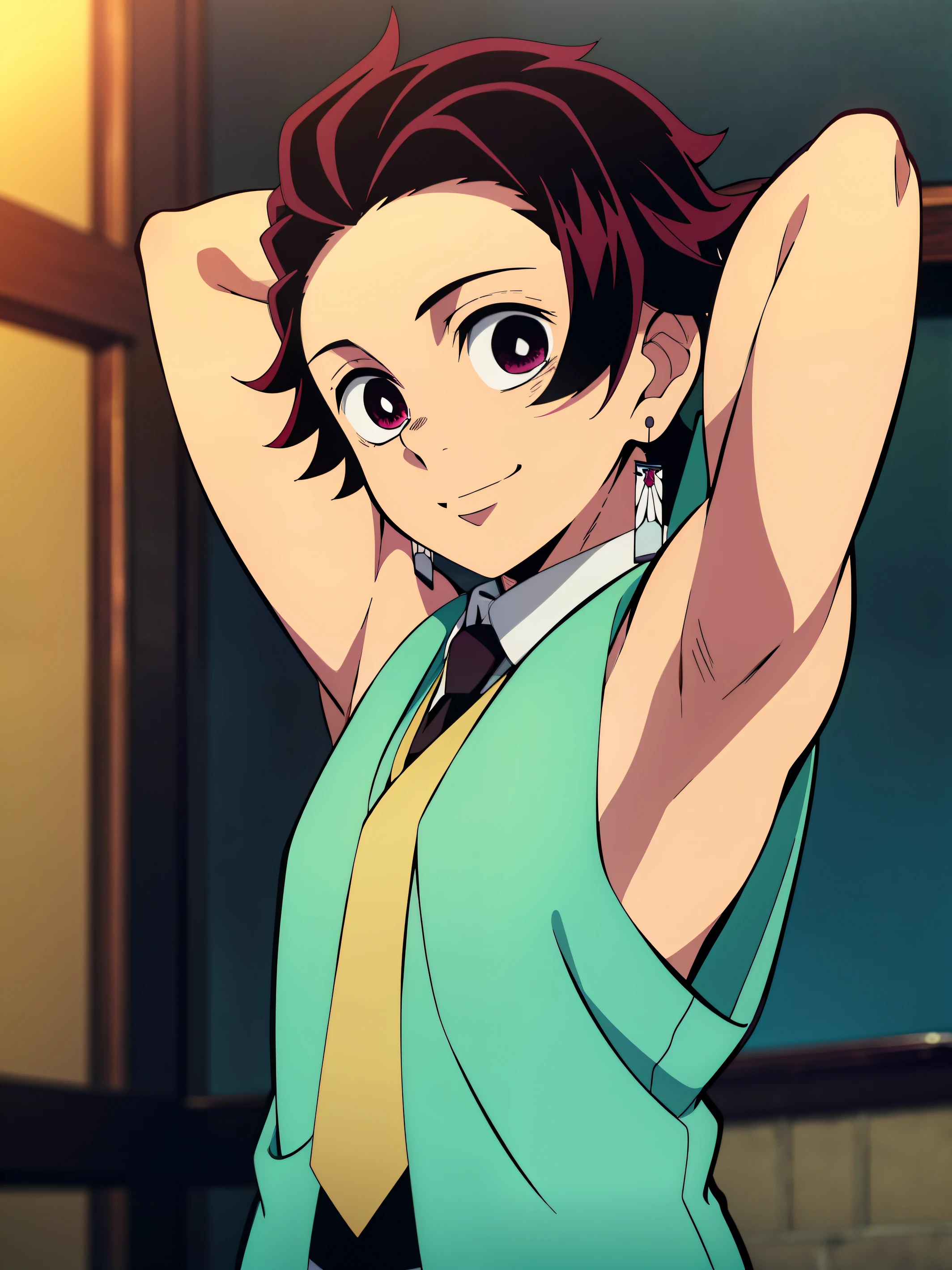 Highres, Masterpiece, Best quality at best,Best Quality,hight quality, hight detailed, Anime screencap style, 1boy, Shota, Little boy, Solo, Tanjiro, earring, smile, Shirtless, Upper body, Sleeveless vest, Bare shoulder, Tie, Seen from the front, look at viewer, Cafe, (very young boy), (very small and short body), (Showing armpit:1.3), The armpits of a 12 year old boy, Adorable little armpits, 12-year-old boys, blurry beckground, Uhd, 4k, wallpaper