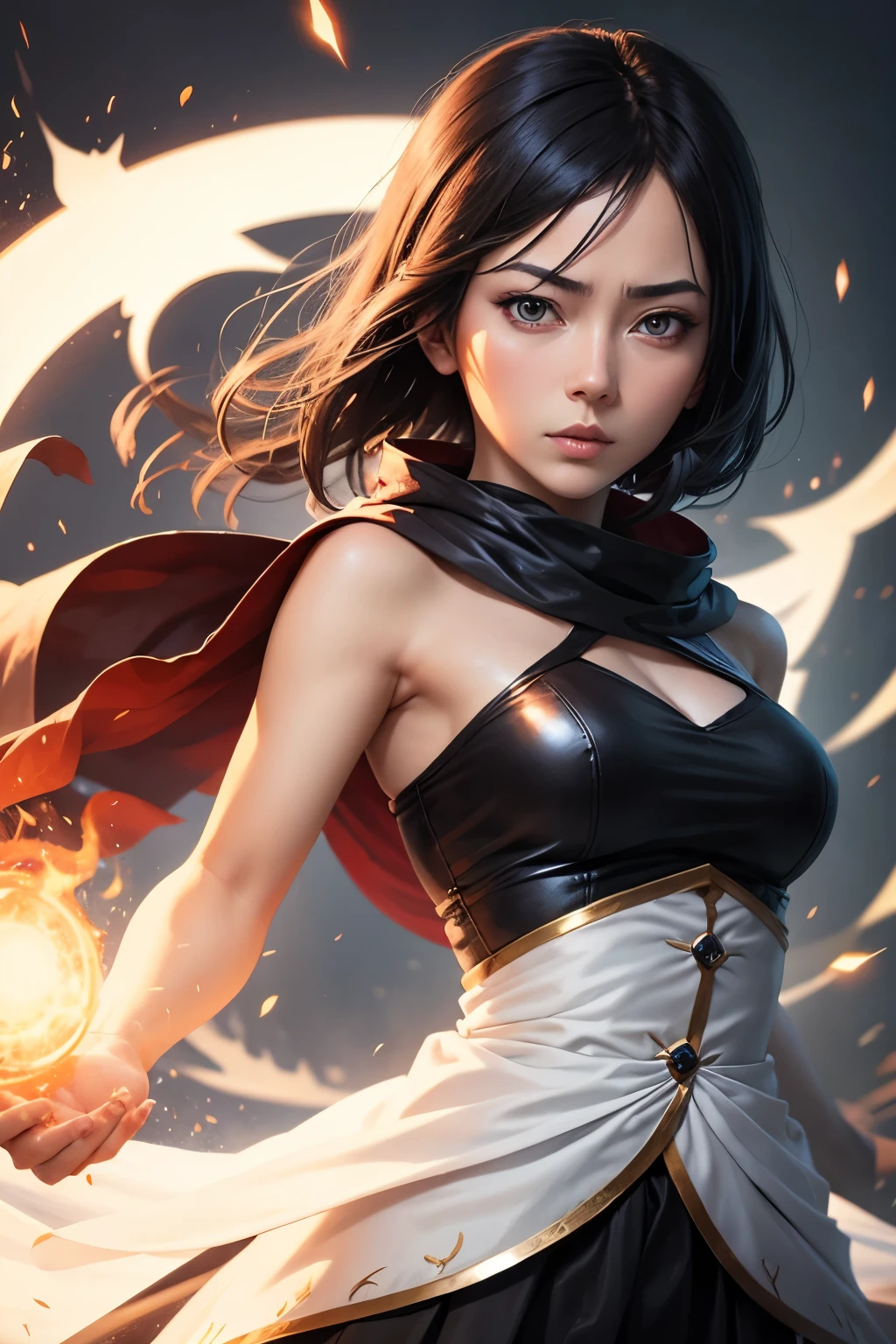 Rukia Kutichk, passionate look, magic effects, 2d background fingers --style realistic-imagine -
