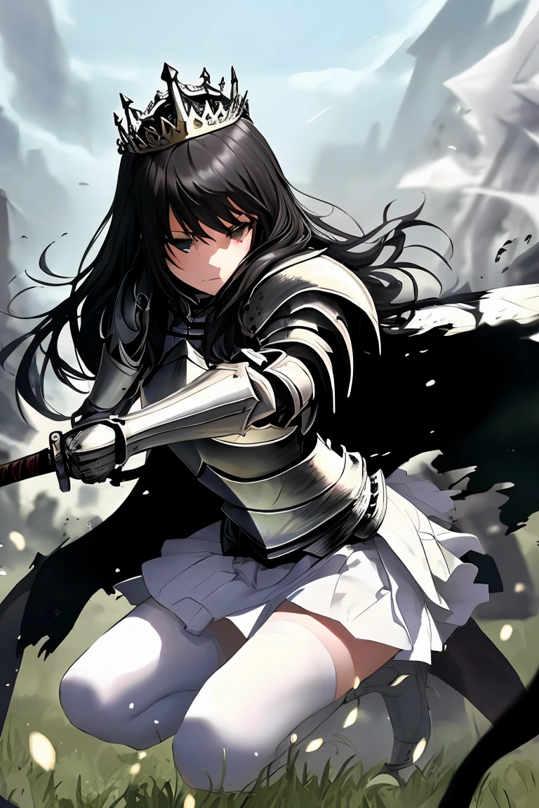 female knight armor Black Hair tiara Shortcuts sword Torn white skirt Torn white tights battlefield