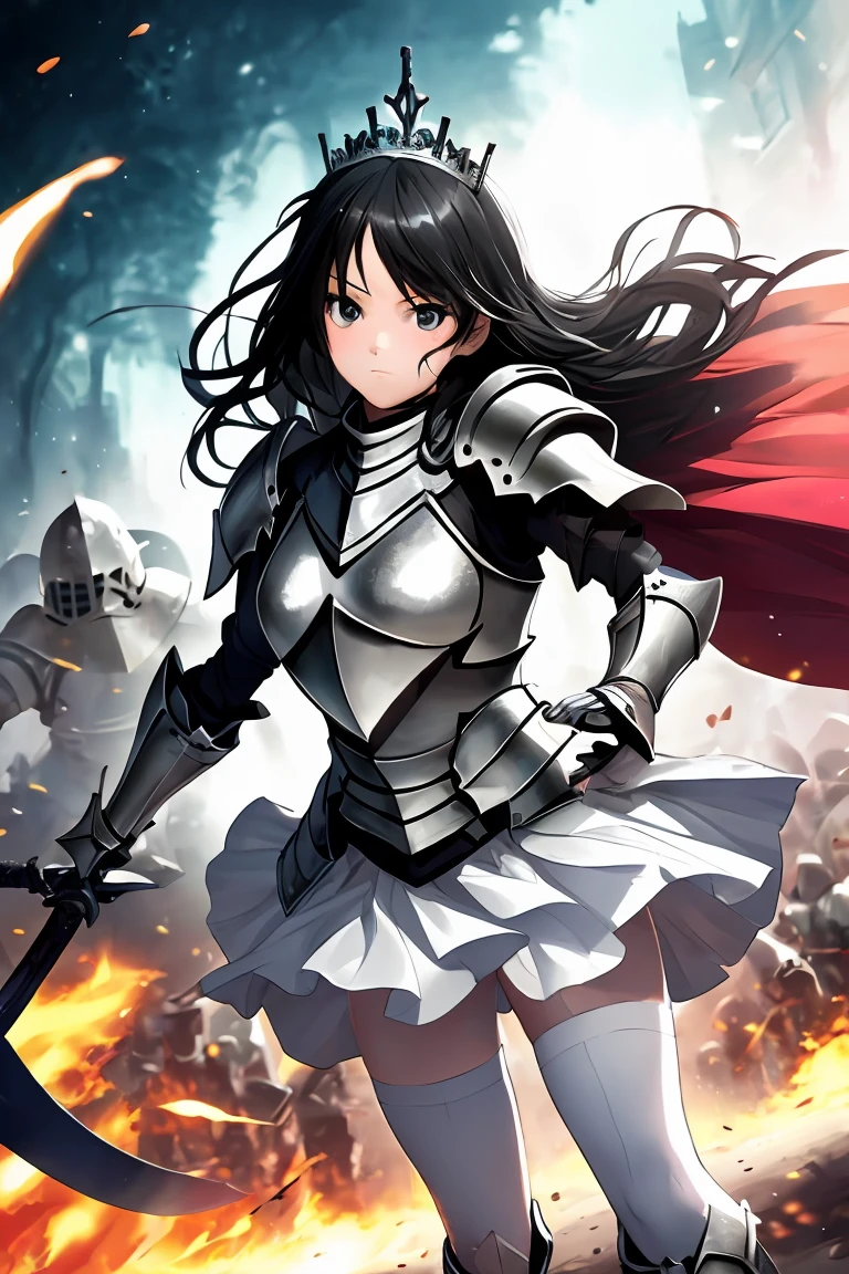 female knight armor Black Hair tiara Shortcuts sword Torn white skirt Torn white tights battlefield