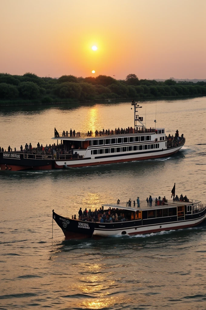 A barge with bar, walking on a river at sunset with people partying on it