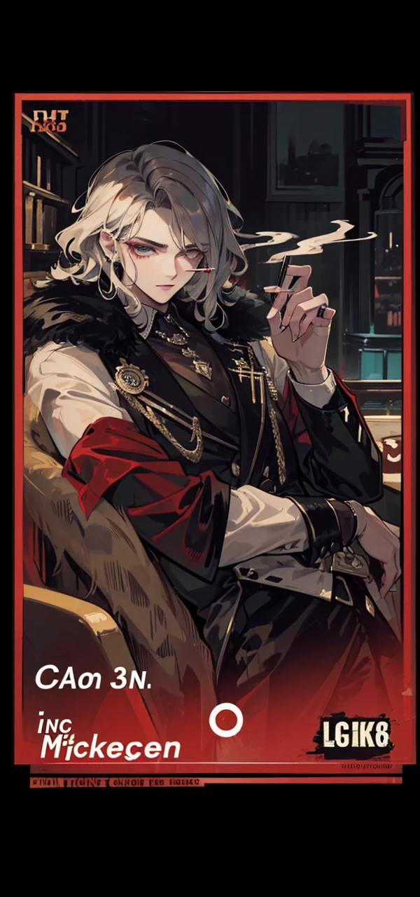 1920s man smoking cigarette, wavy fur coat, holding records, in a casino, best quality, 8k, highres, masterpiece, ultra-detailed, realistic, photorealistic, detailed eyes, detailed lips, longeyes lashes, 1 man, elegant fashion, atmospheric lighting, moody tones, cinematic composition, dramatic chiaroscuro